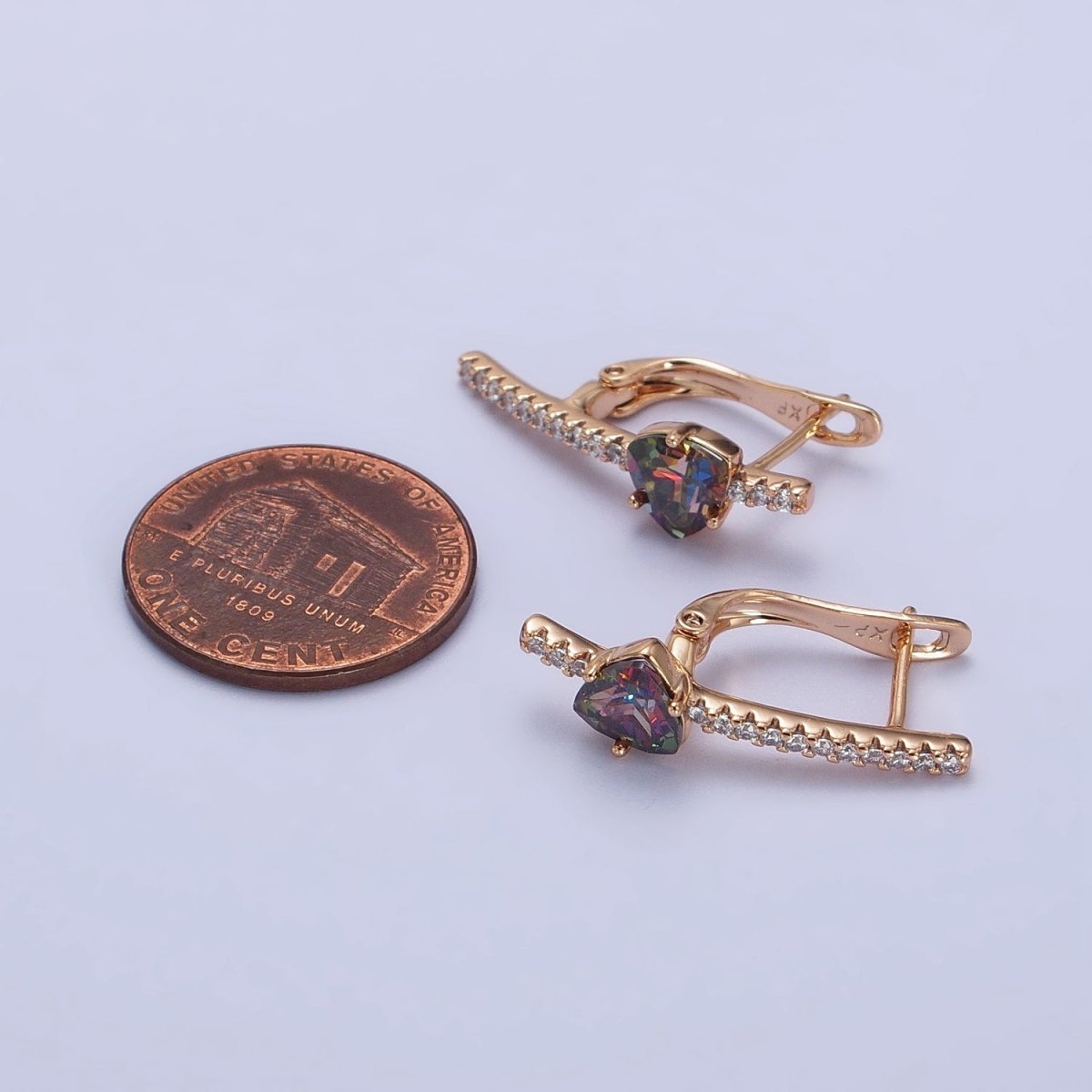 18K Gold Filled Triangle Iridescent AB, Purple, Blue, Red CZ Micro Paved Lined English Lock Earrings | AB236 AB27- AB249