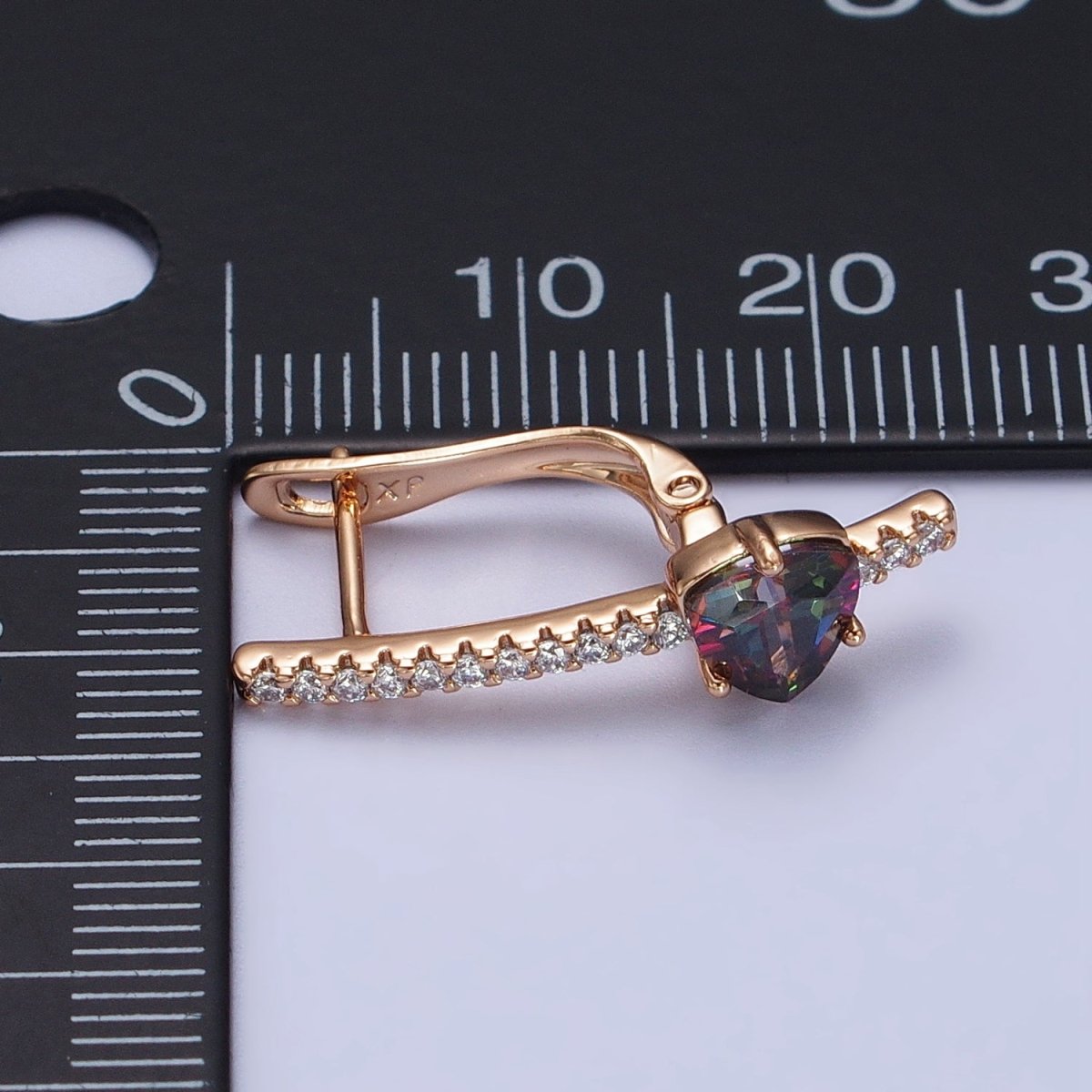 18K Gold Filled Triangle Iridescent AB, Purple, Blue, Red CZ Micro Paved Lined English Lock Earrings | AB236 AB27- AB249