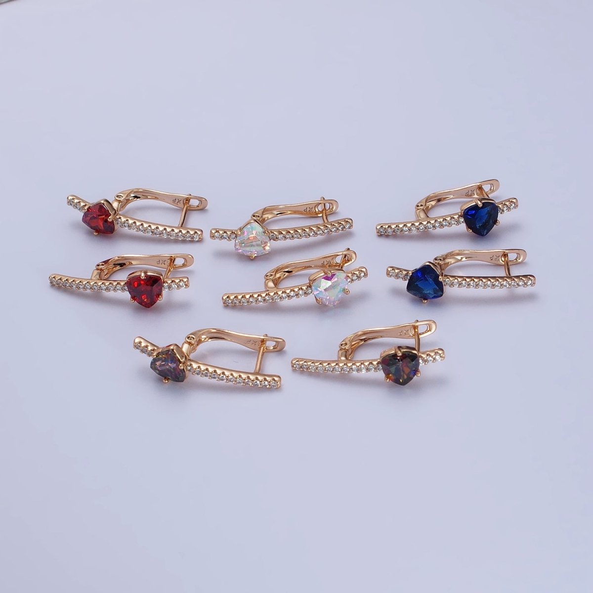 18K Gold Filled Triangle Iridescent AB, Purple, Blue, Red CZ Micro Paved Lined English Lock Earrings | AB236 AB27- AB249