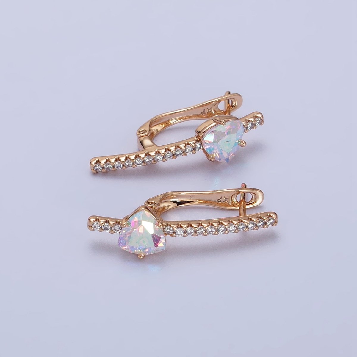 18K Gold Filled Triangle Iridescent AB, Purple, Blue, Red CZ Micro Paved Lined English Lock Earrings | AB236 AB27- AB249