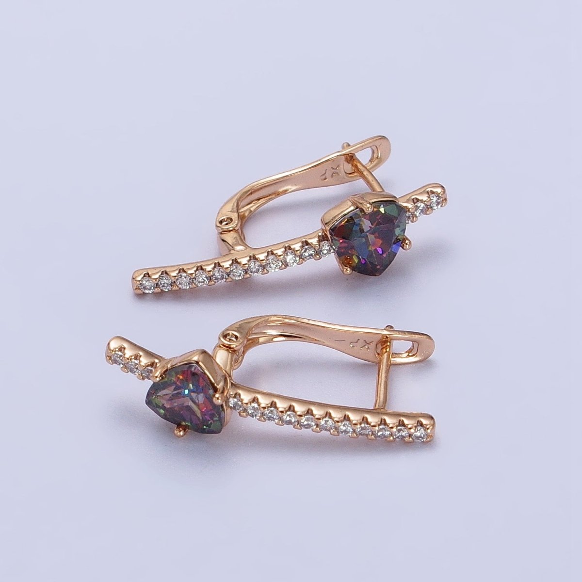 18K Gold Filled Triangle Iridescent AB, Purple, Blue, Red CZ Micro Paved Lined English Lock Earrings | AB236 AB27- AB249
