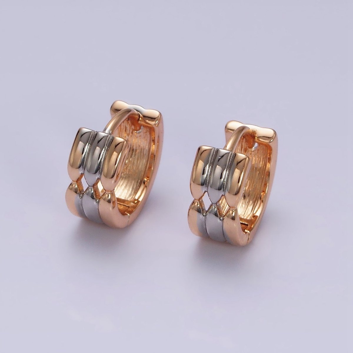 18K Gold Filled Triple Band Geometric Mixed Metal Wide 11mm Cartilage Huggie Earrings | AD1452 - DLUXCA