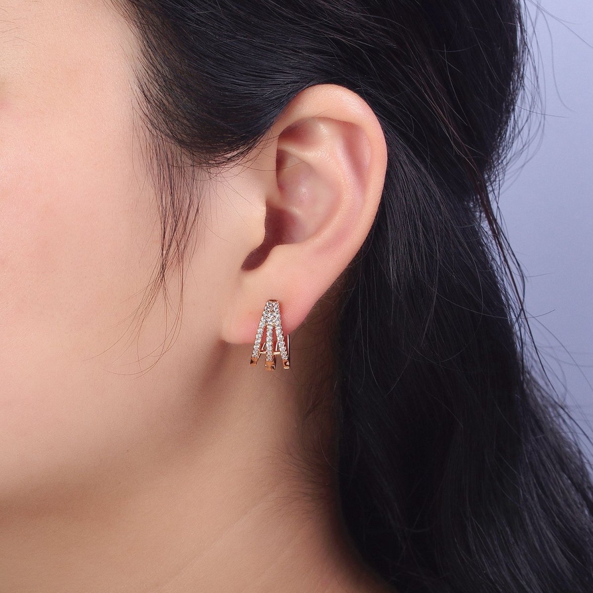 18K Gold Filled Triple Bar Micro Paved CZ Clawed English Lock Earrings | AB295 - DLUXCA