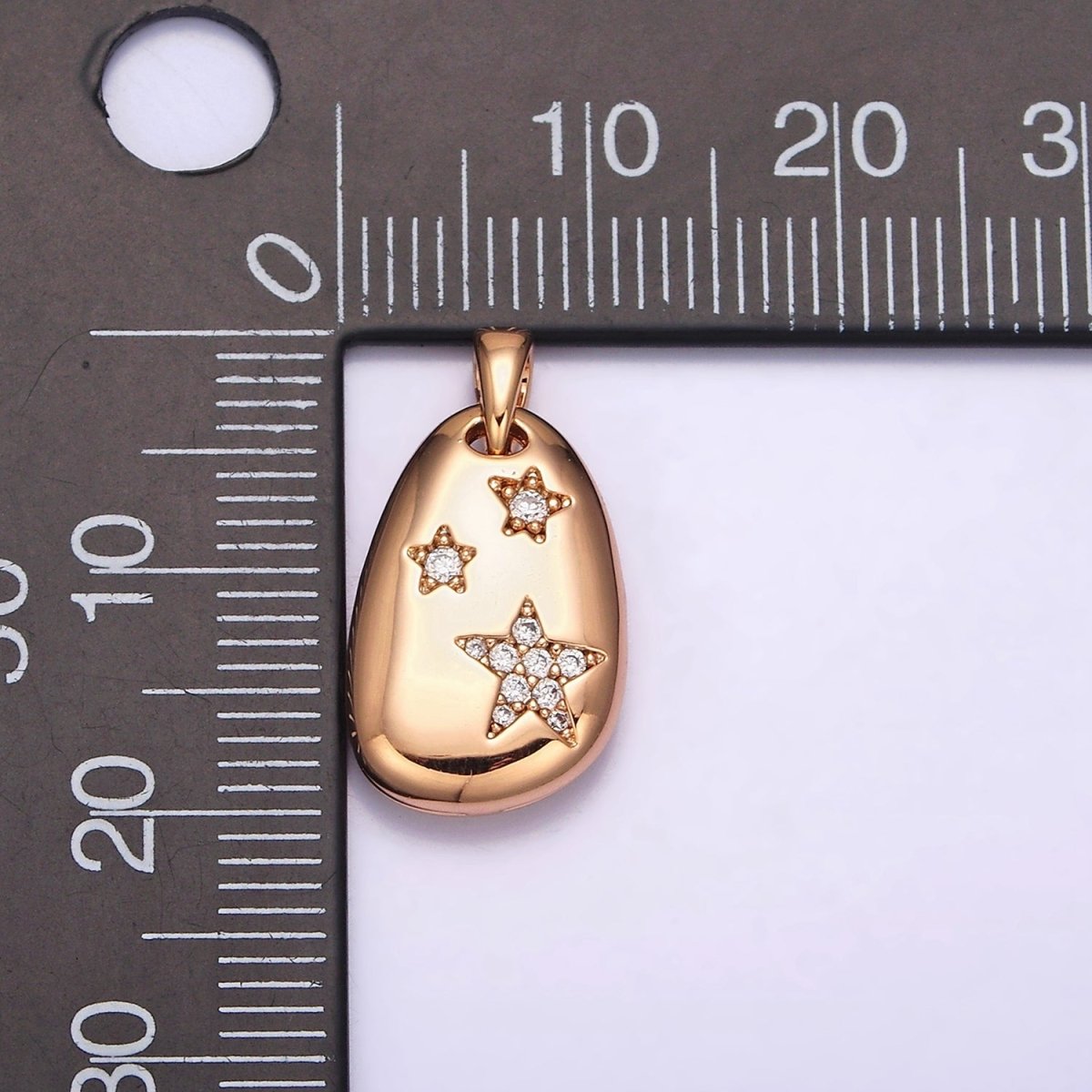 18K Gold Filled Triple Star Micro Paved CZ Double Sided Open Moon Celestial Abstract Oval Pendant | AA764 - DLUXCA