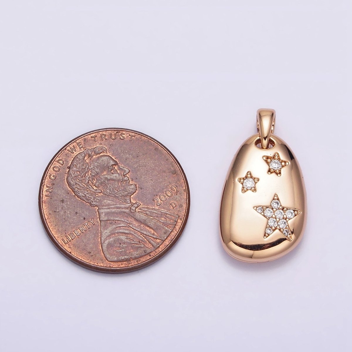 18K Gold Filled Triple Star Micro Paved CZ Double Sided Open Moon Celestial Abstract Oval Pendant | AA764 - DLUXCA