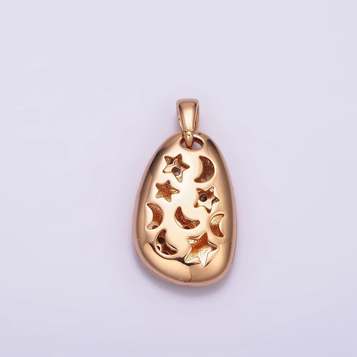 18K Gold Filled Triple Star Micro Paved CZ Double Sided Open Moon Celestial Abstract Oval Pendant | AA764 - DLUXCA