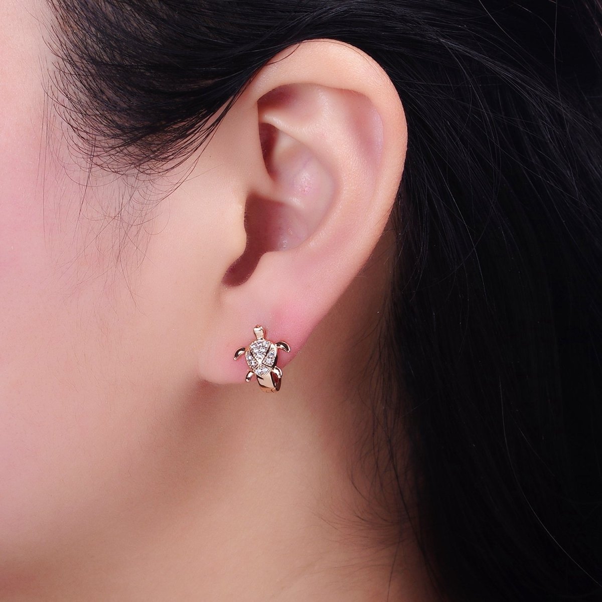 18K Gold Filled Turtle Tortoise Micro Paved CZ Animal Huggie Earrings | AD1364 - DLUXCA