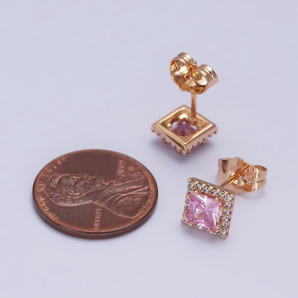 18K Gold Filled Wedding Earrings Rhombus Micro Pave Clear Pink cubic zirconia Studs Earrings AB1067 AB1068