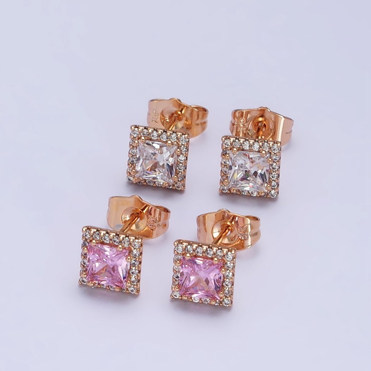 18K Gold Filled Wedding Earrings Rhombus Micro Pave Clear Pink cubic zirconia Studs Earrings AB1067 AB1068