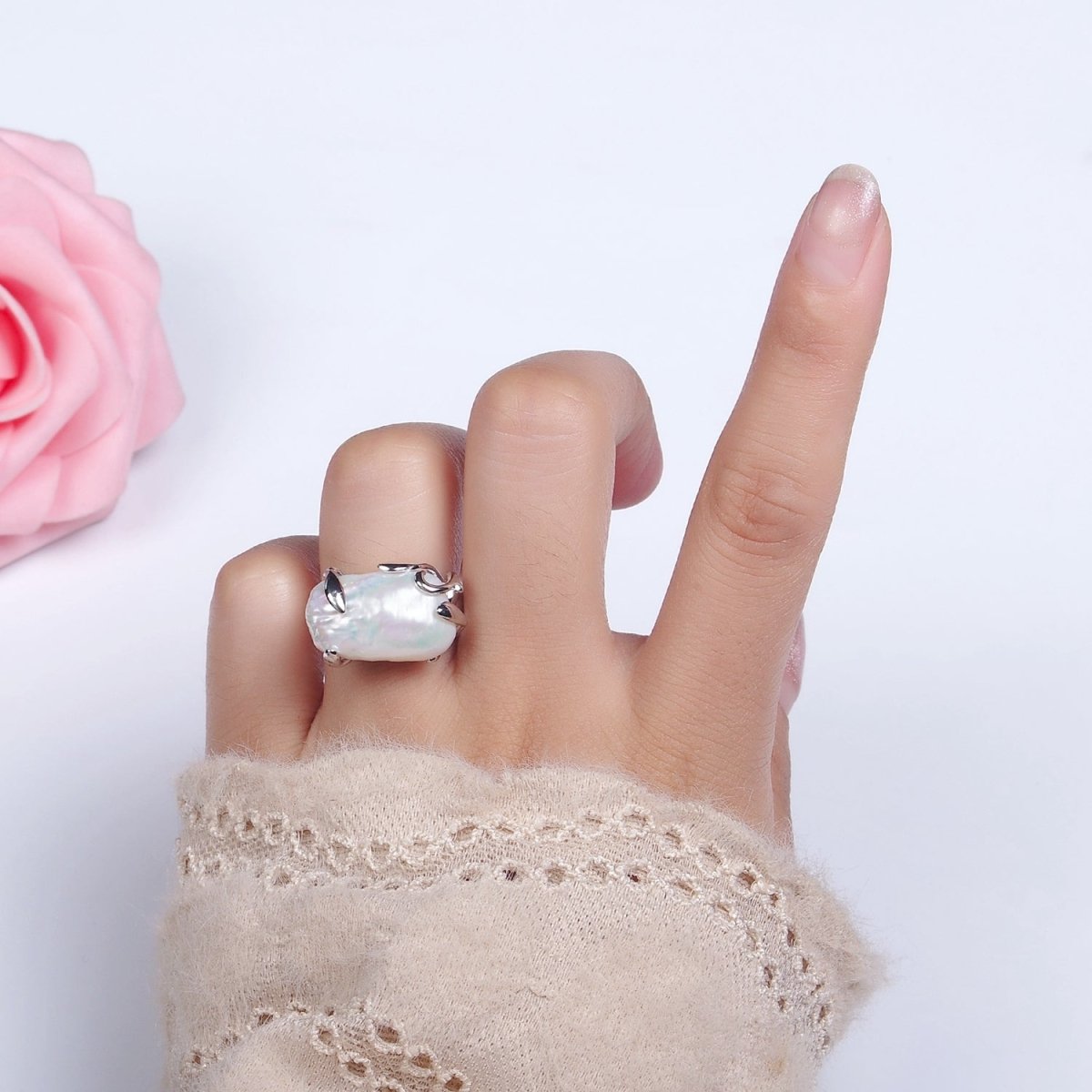 18K Gold Filled White Baroque Freshwater Pearl Molten Drip Ring in Gold & Silver | O-608 O-609