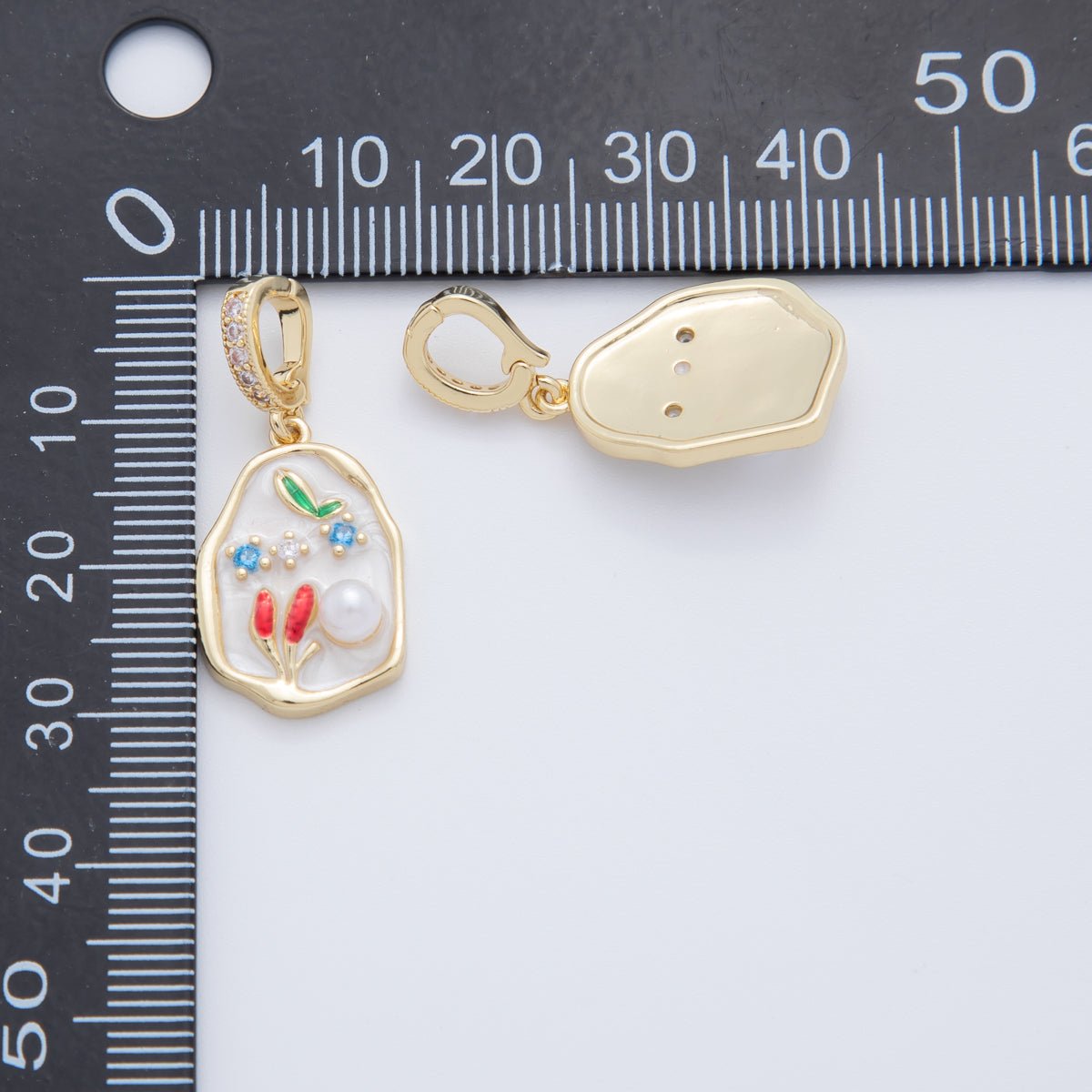 18K Gold Filled White Flower Shell Pearl Molten Drop Micro Paved CZ Snap Latch Bail Pendant | AH780 - DLUXCA