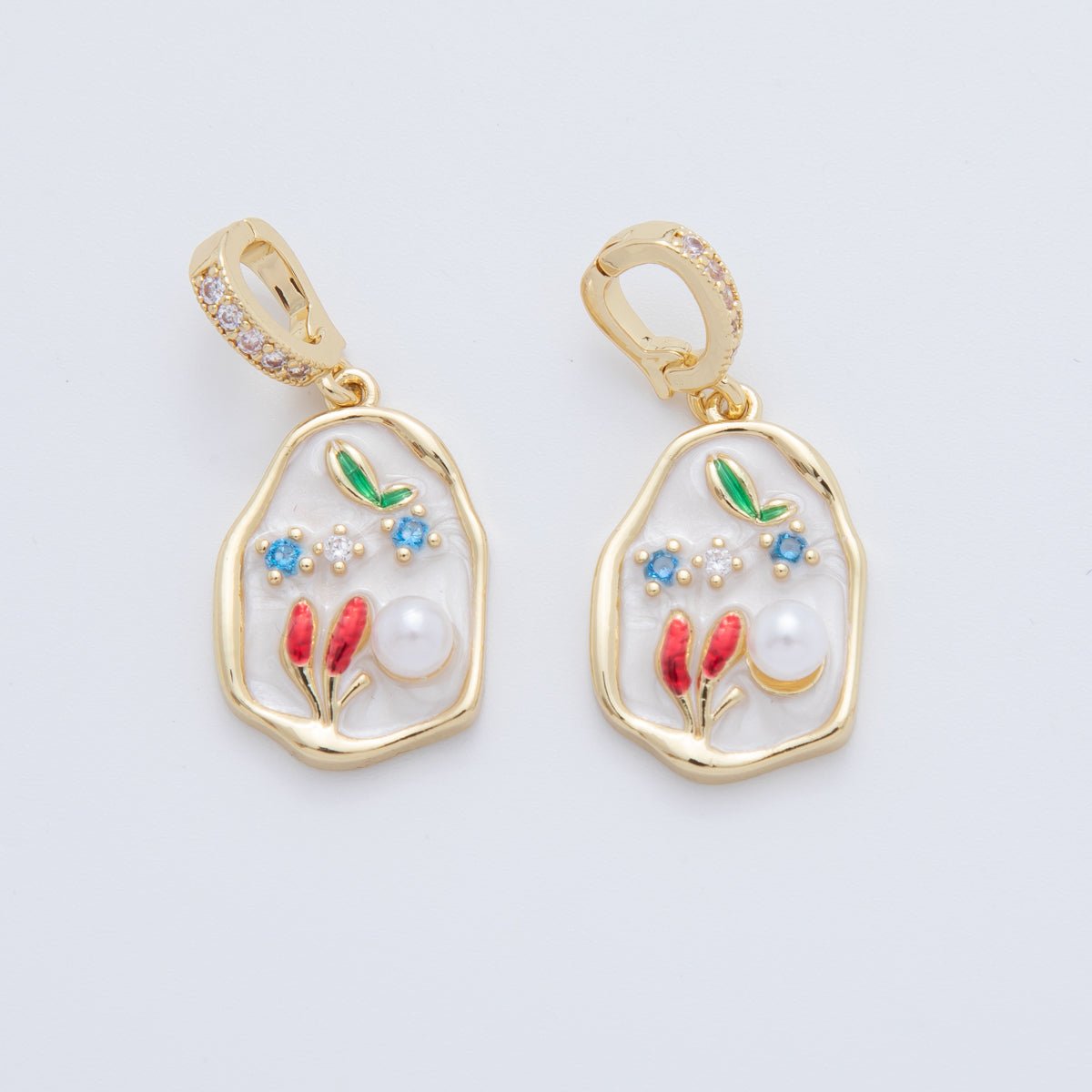 18K Gold Filled White Flower Shell Pearl Molten Drop Micro Paved CZ Snap Latch Bail Pendant | AH780 - DLUXCA