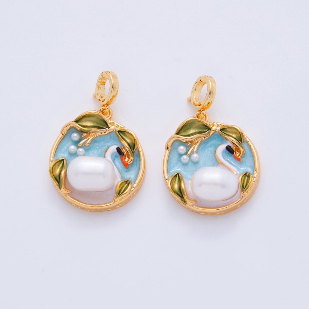 18K Gold Filled White Swan at Lake Pond Snap Bail Pendant | AH710 - DLUXCA