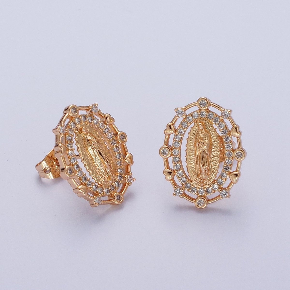 18K Gold Heart Round Micro Paved CZ Lady Guadalupe Virgin Mary Religious Stud Earrings | AE1052 - DLUXCA