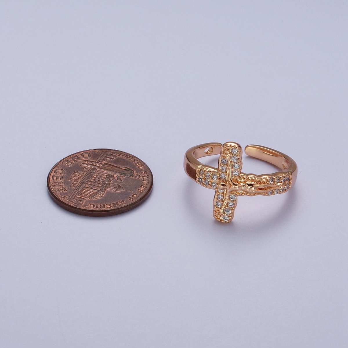 18K Gold Micro Paved CZ Crucifix Jesus Textured Geometric Religious Catholic Ring | O-1988