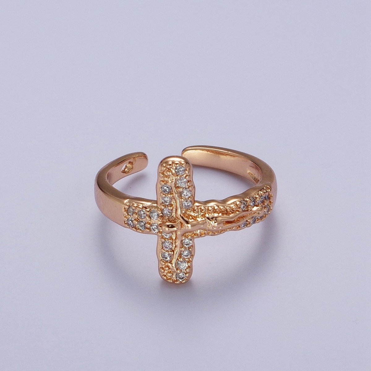 18K Gold Micro Paved CZ Crucifix Jesus Textured Geometric Religious Catholic Ring | O-1988