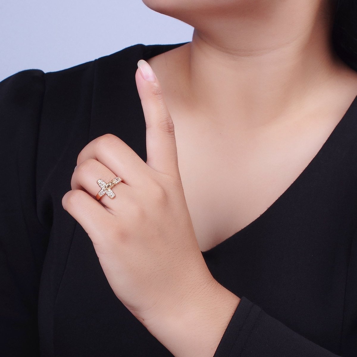 18K Gold Micro Paved CZ Crucifix Jesus Textured Geometric Religious Catholic Ring | O-1988