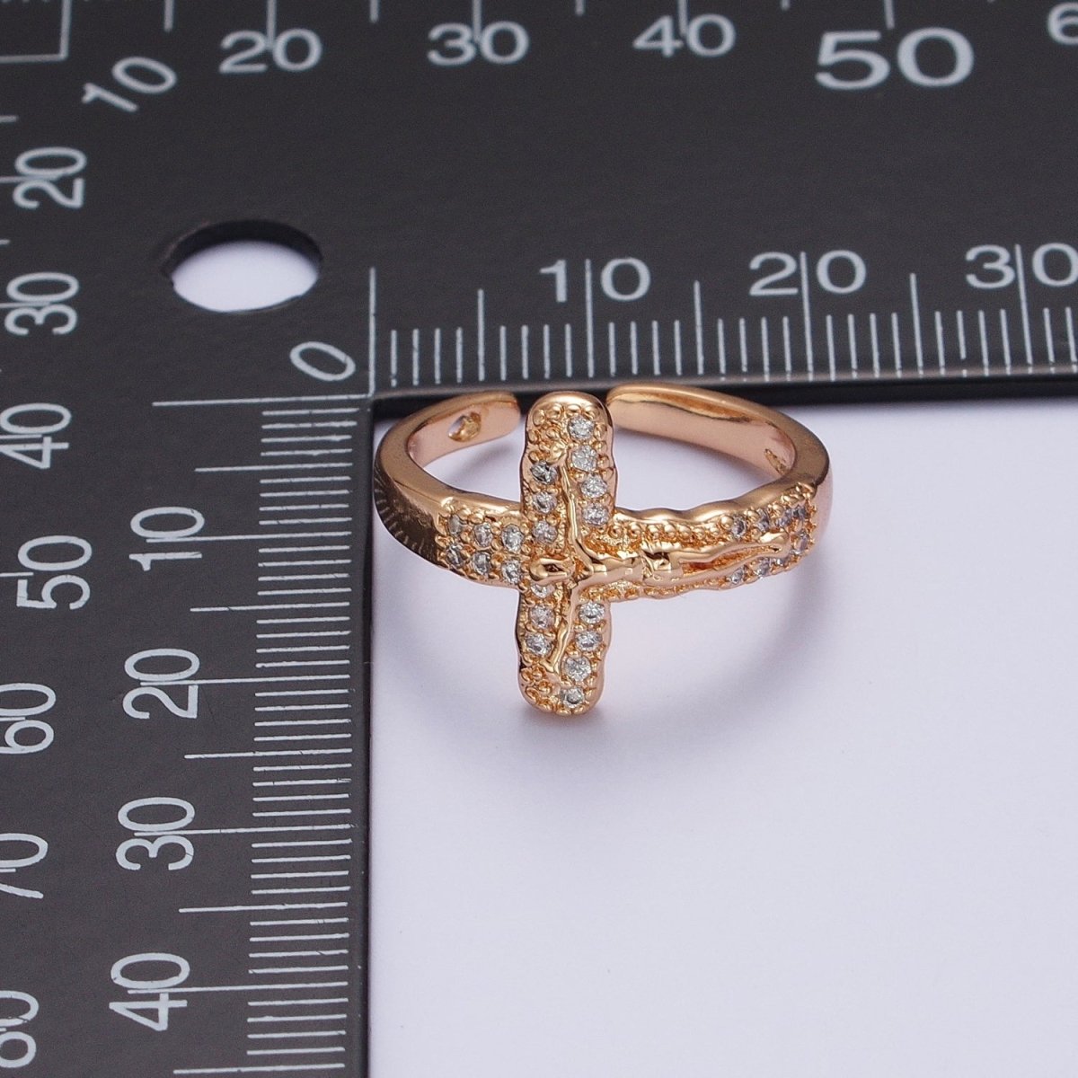 18K Gold Micro Paved CZ Crucifix Jesus Textured Geometric Religious Catholic Ring | O-1988
