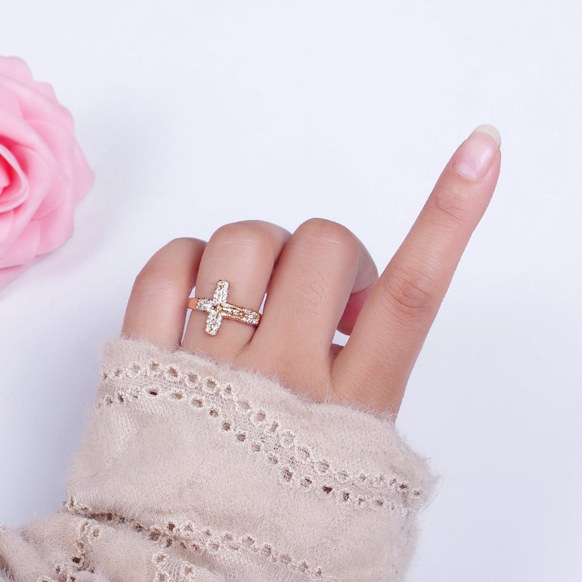 18K Gold Micro Paved CZ Crucifix Jesus Textured Geometric Religious Catholic Ring | O-1988