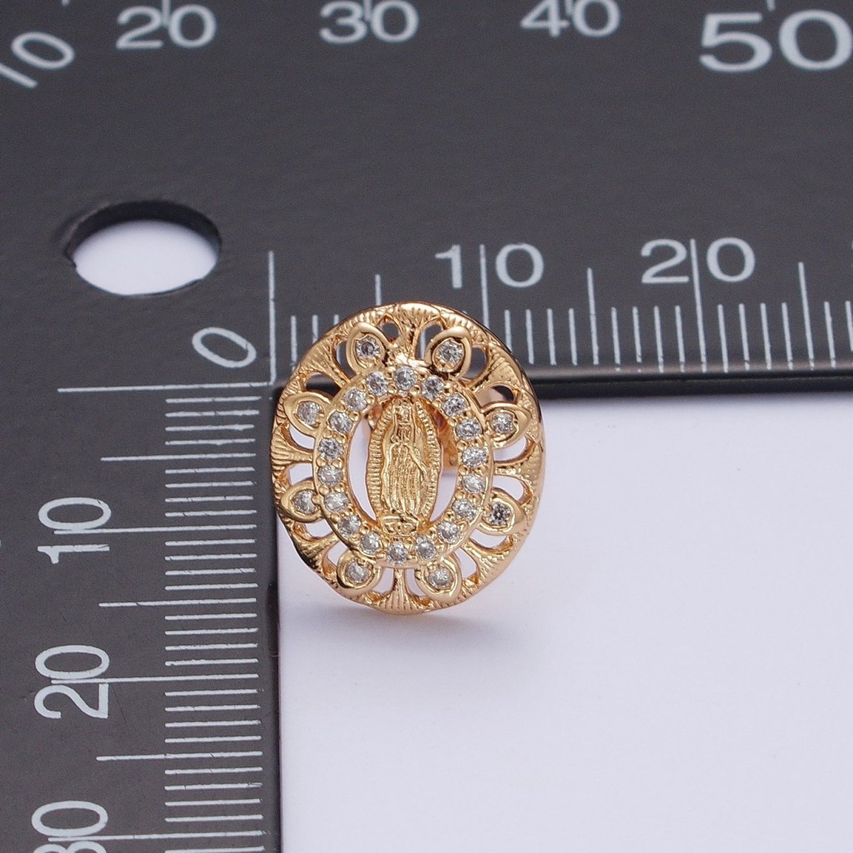 18K Gold Micro Paved CZ Lady Guadalupe Oval Medallion Religious Stud Earrings | AE-1053 - DLUXCA