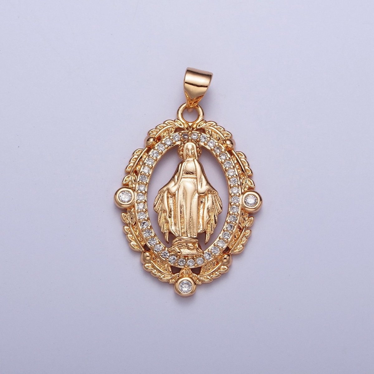18K Gold Micro Paved CZ Wreath Mother Virgin Mary Pendant For Religious Jewelry Making H-315 - DLUXCA