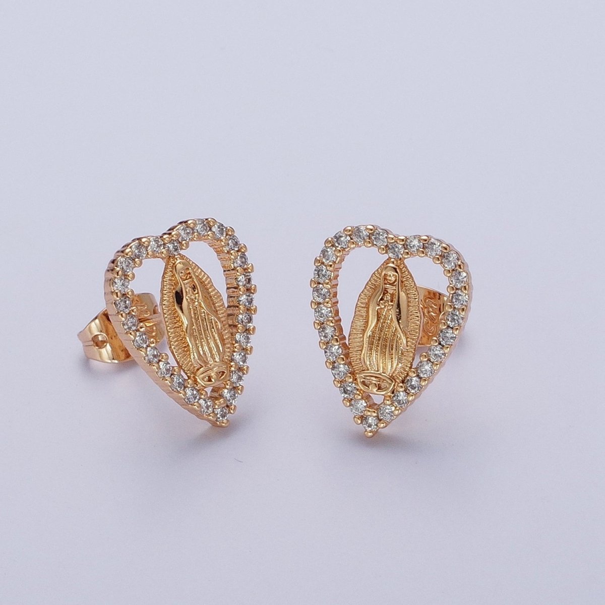 18K Gold Micro Paved Heart Outline Mother Virgin Mary Religious Stud Earrings | AE-1048 - DLUXCA