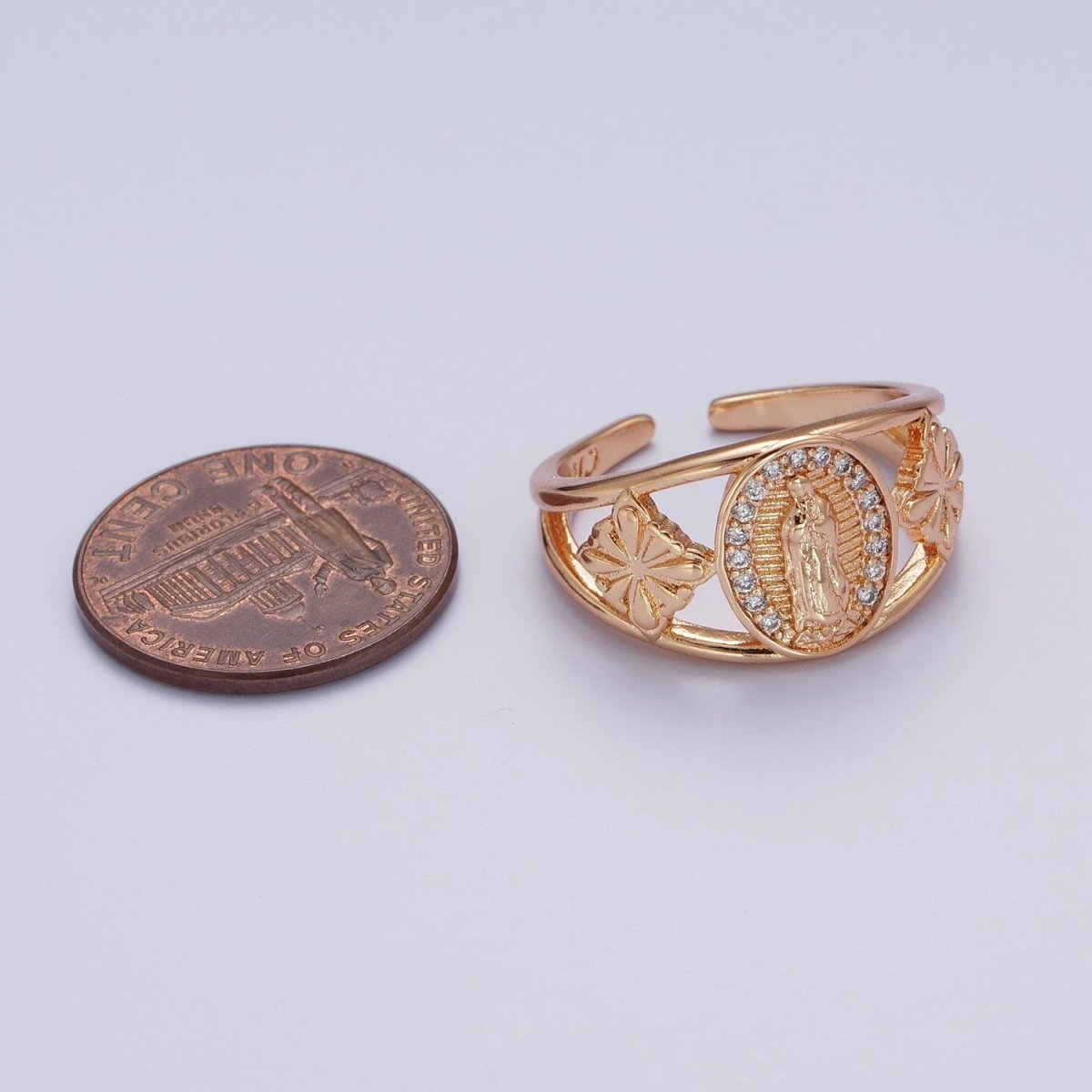 18K Gold Religious Micro Paved CZ Mother Virgin Mary Flowers Wide Ring | O-1993 - DLUXCA