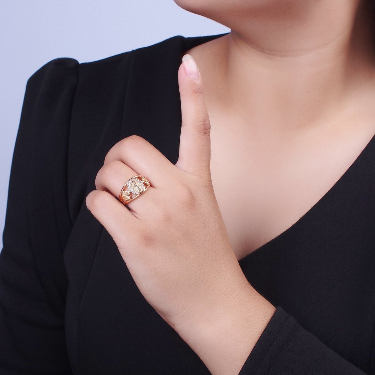 18K Gold Religious Micro Paved CZ Mother Virgin Mary Flowers Wide Ring | O-1993 - DLUXCA
