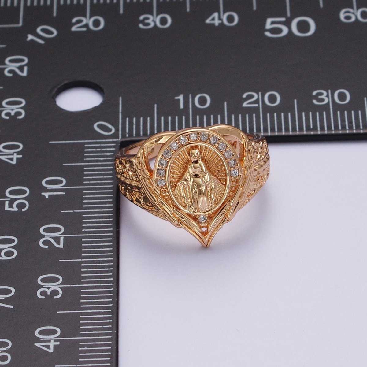 18K Gold Round Micro Paved CZ Lady Guadalupe Engraved Band Heart Ring | O-1992 - DLUXCA