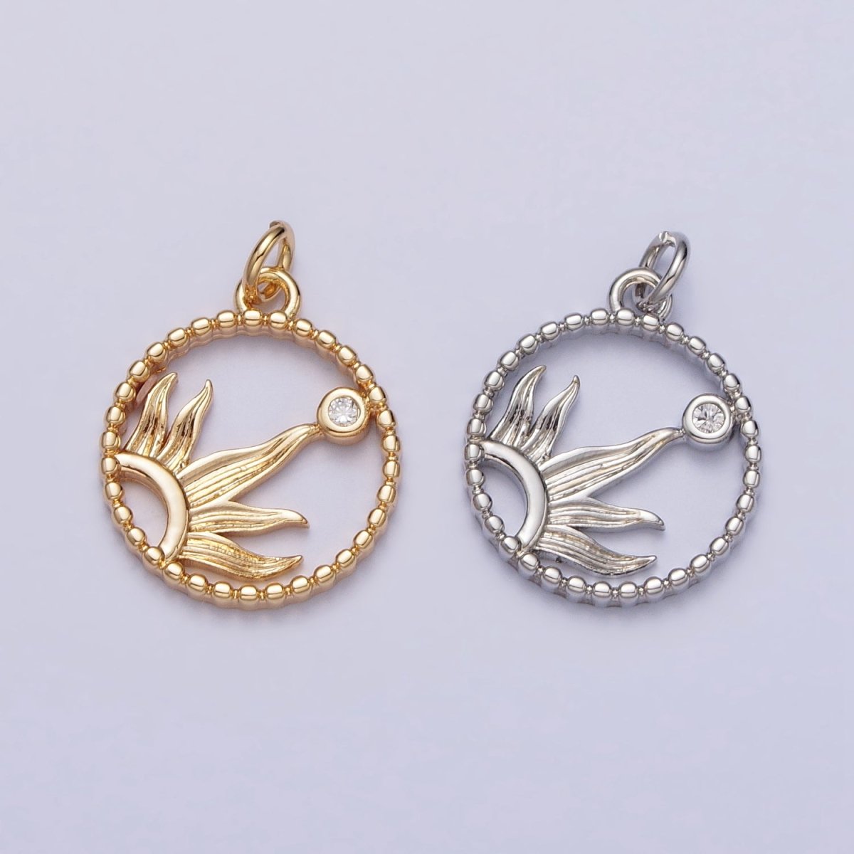 18mm Celestial Sun Beam CZ Open Round Beaded Charm in Gold & Silver | AC270 AC271