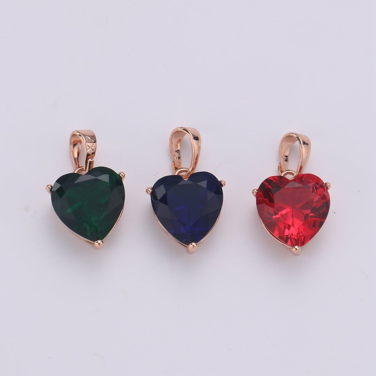 18x10mm Wholesale Cubic Zirconia Heart Gem Pendant with 18K Gold-Filled Rose Gold Frame, Blue, Green, Red, or Pink Options, Pendant for Necklace Bracelet Anklet Making J-163-J-166
