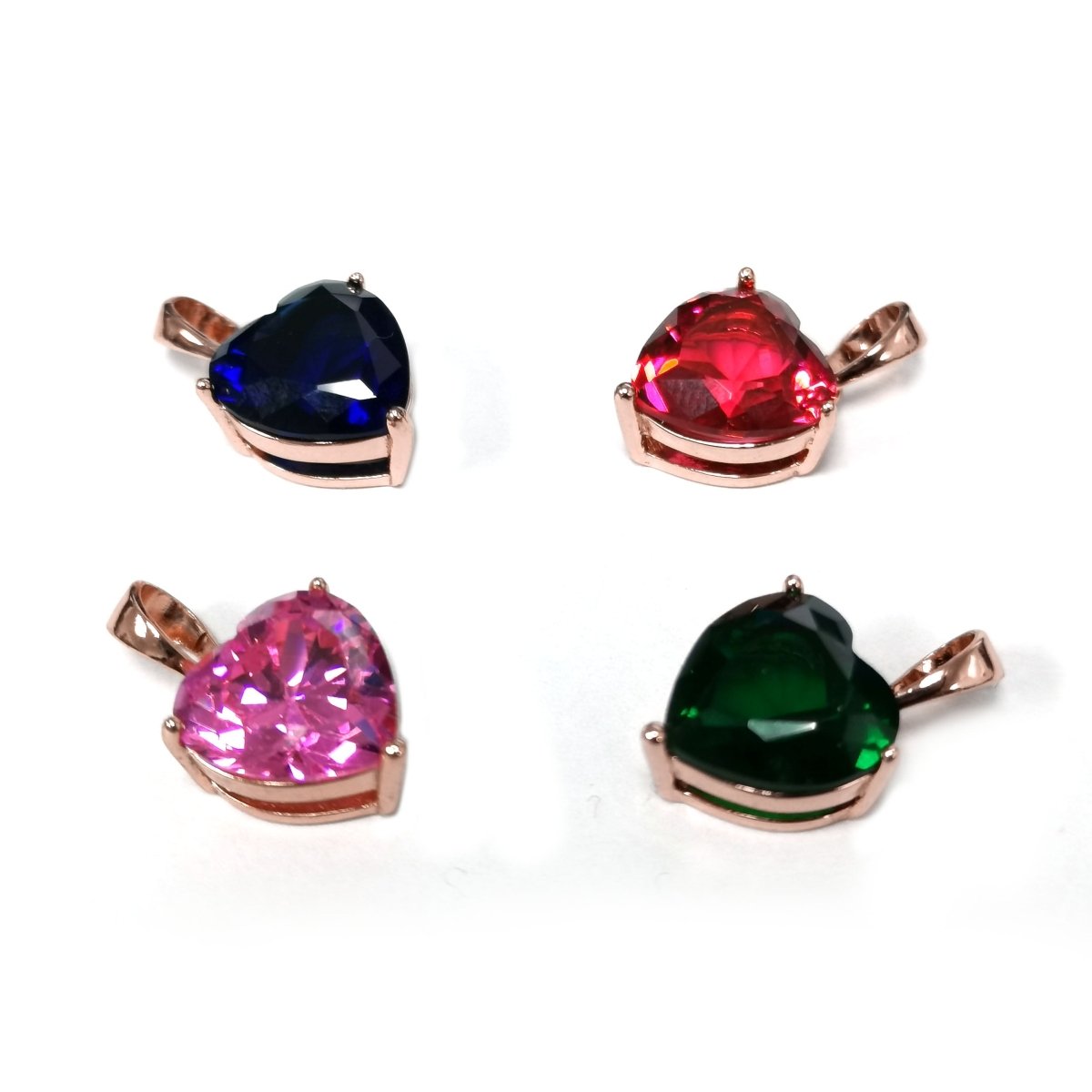 18x10mm Wholesale Cubic Zirconia Heart Gem Pendant with 18K Gold-Filled Rose Gold Frame, Blue, Green, Red, or Pink Options, Pendant for Necklace Bracelet Anklet Making J-163-J-166