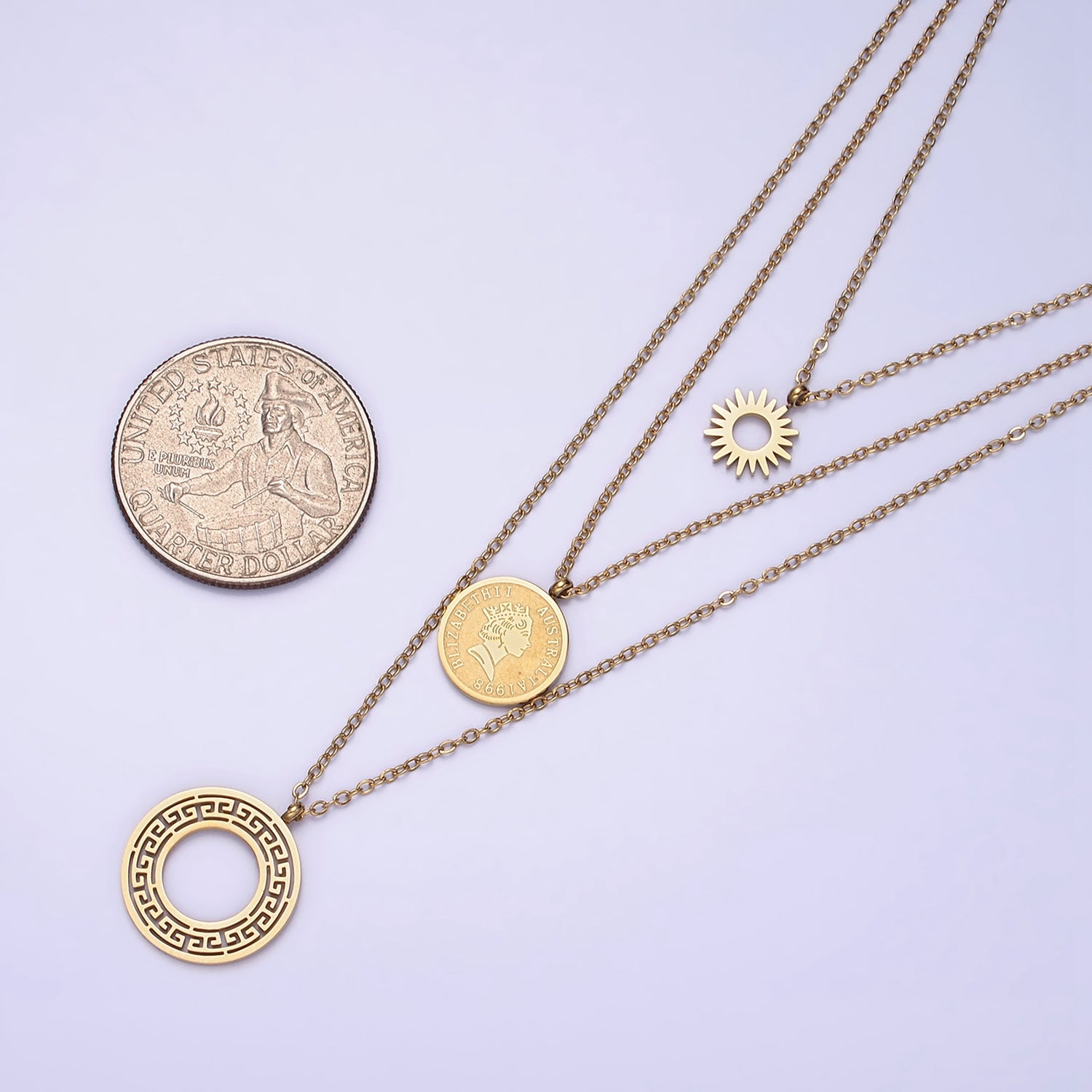 Stainless Steel Queen Elizabeth Triple Round Sun Artisan Coin Triple Layer Chain Stack Necklace | WA-2050 - DLUXCA