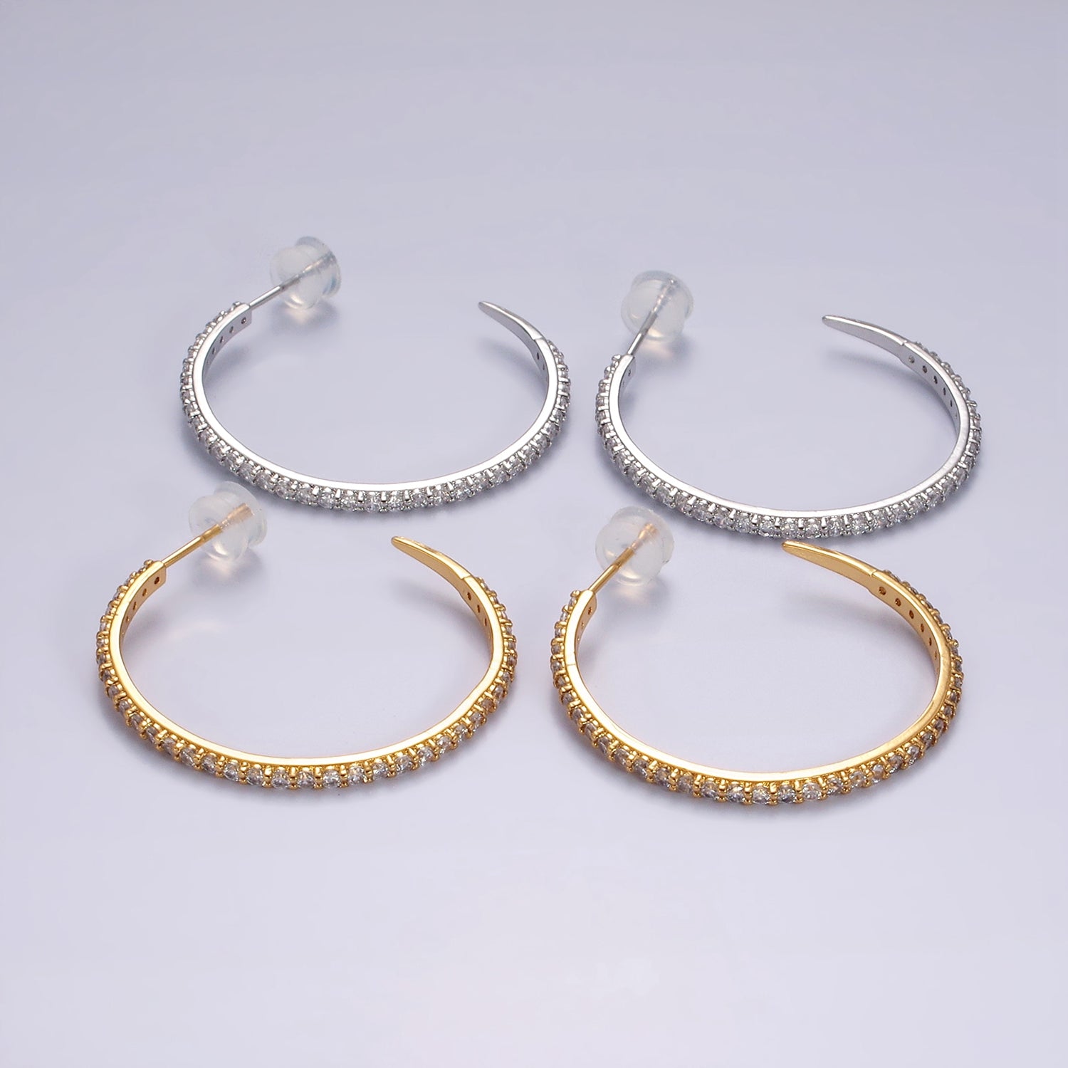 14K Gold Filled 35mm Clear CZ Lined C-Shaped Hoop Earrings in Gold & Silver | AE153 AE154 - DLUXCA