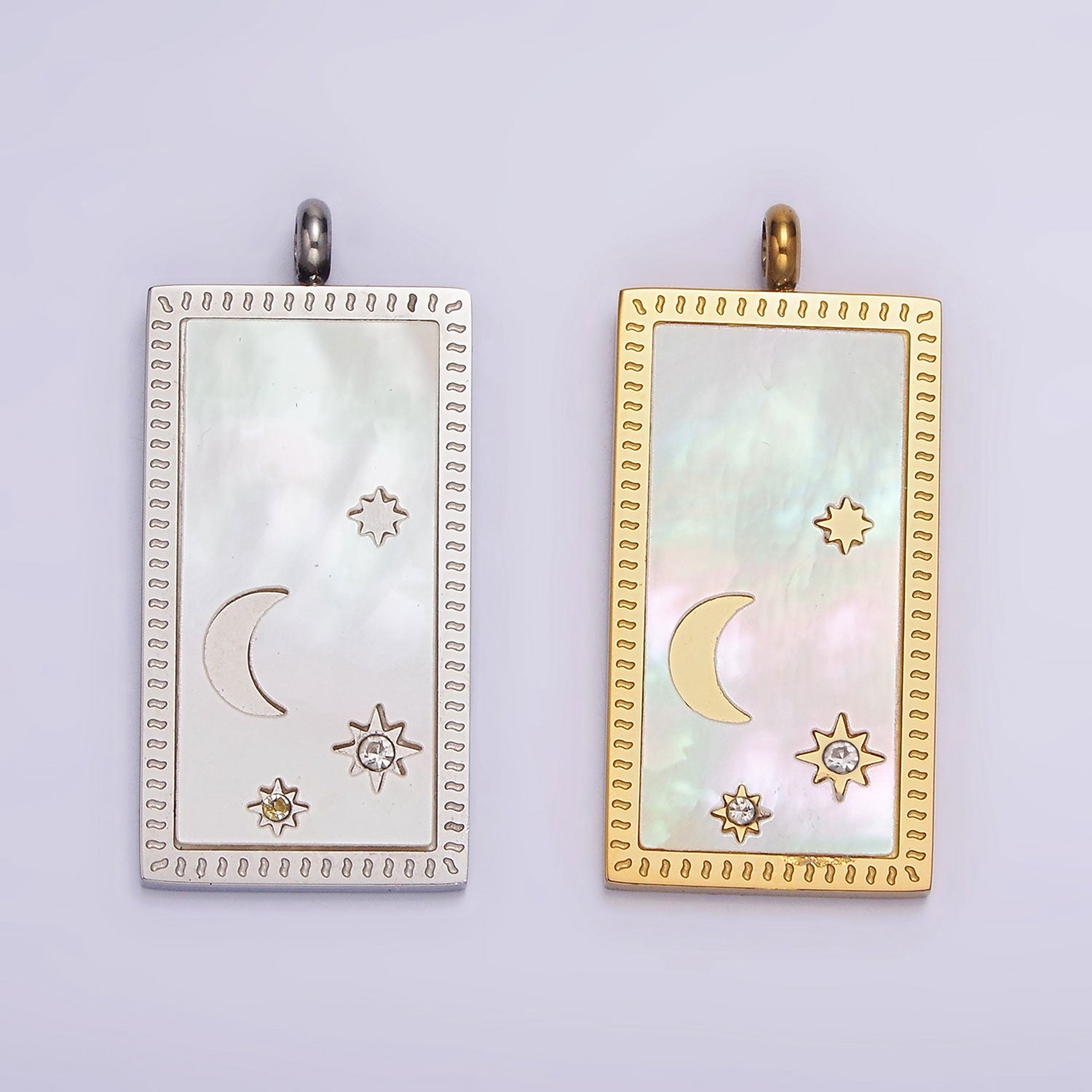 Stainless Steel 30mm Celestial Crescent Moon Star Shell Pearl Rectangular Tag Charm in Gold & Silver | P-669 P-670