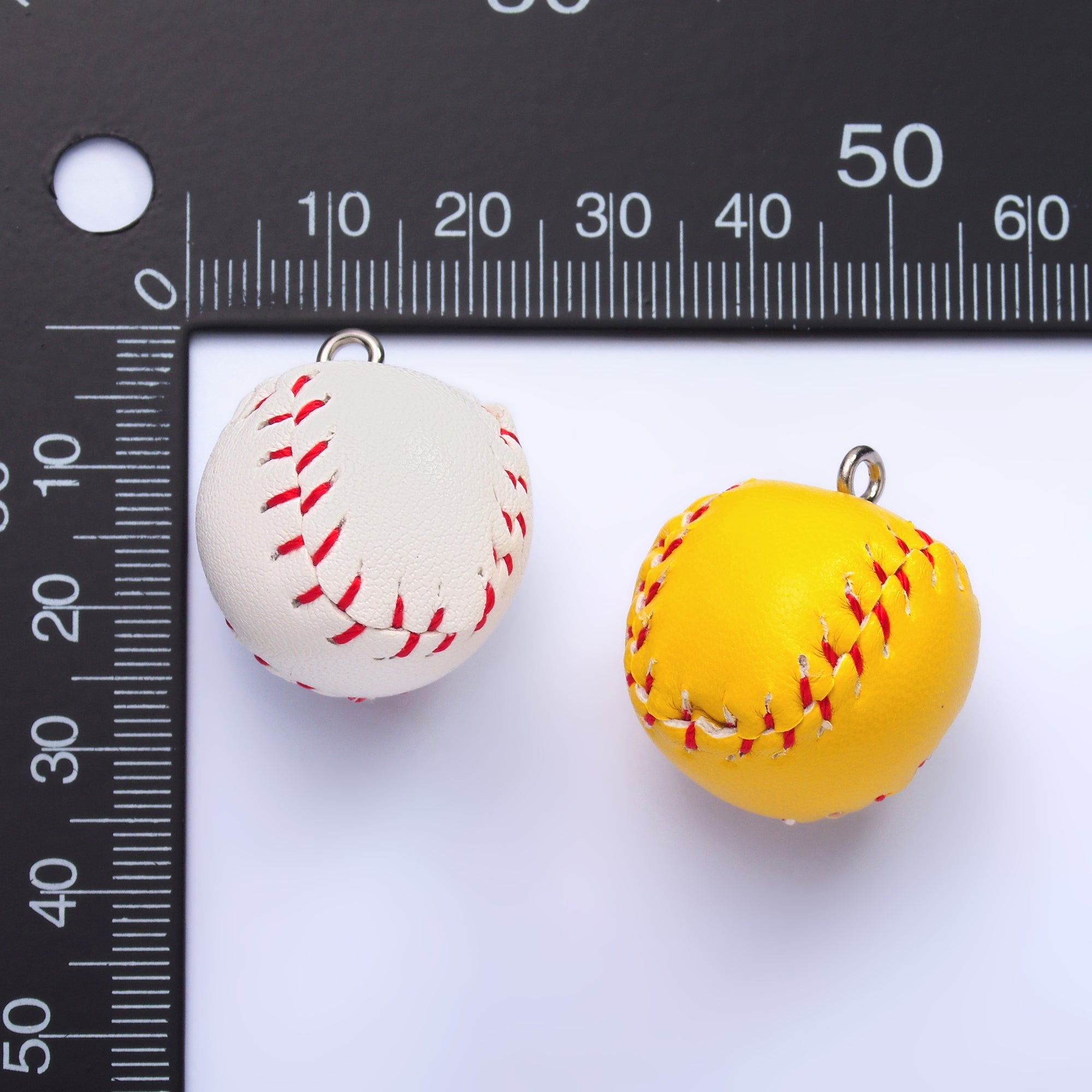 White Gold Filled White Baseball, Yellow Softball Leather Multidimensional 3D Charm | M466