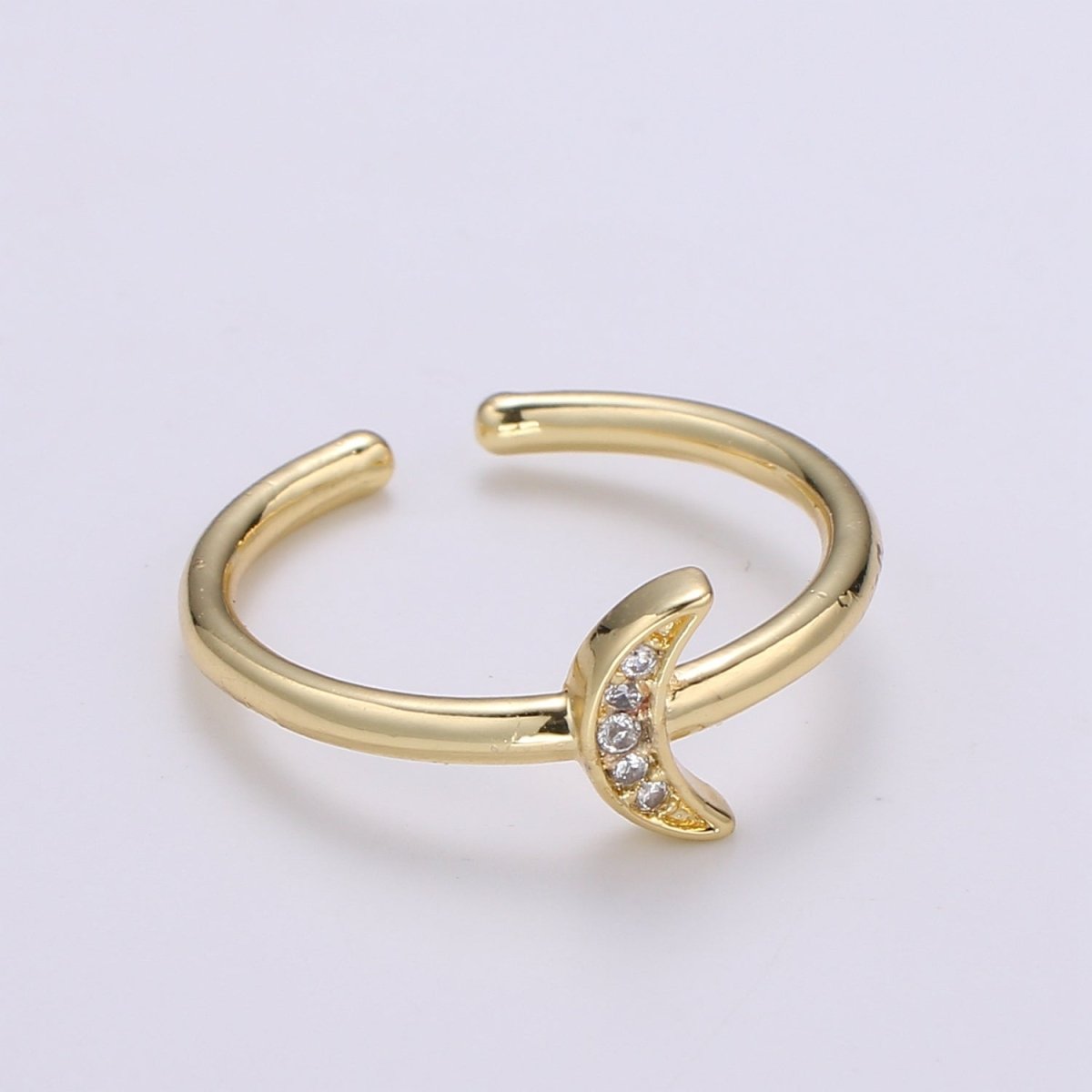 1pc Cresent Moon CZ 24k Gold Ring, Moon Cubic Pave Adjustable Gold Curb Ring, Simple Ring, Clear Cubic Zirconia R316 - DLUXCA