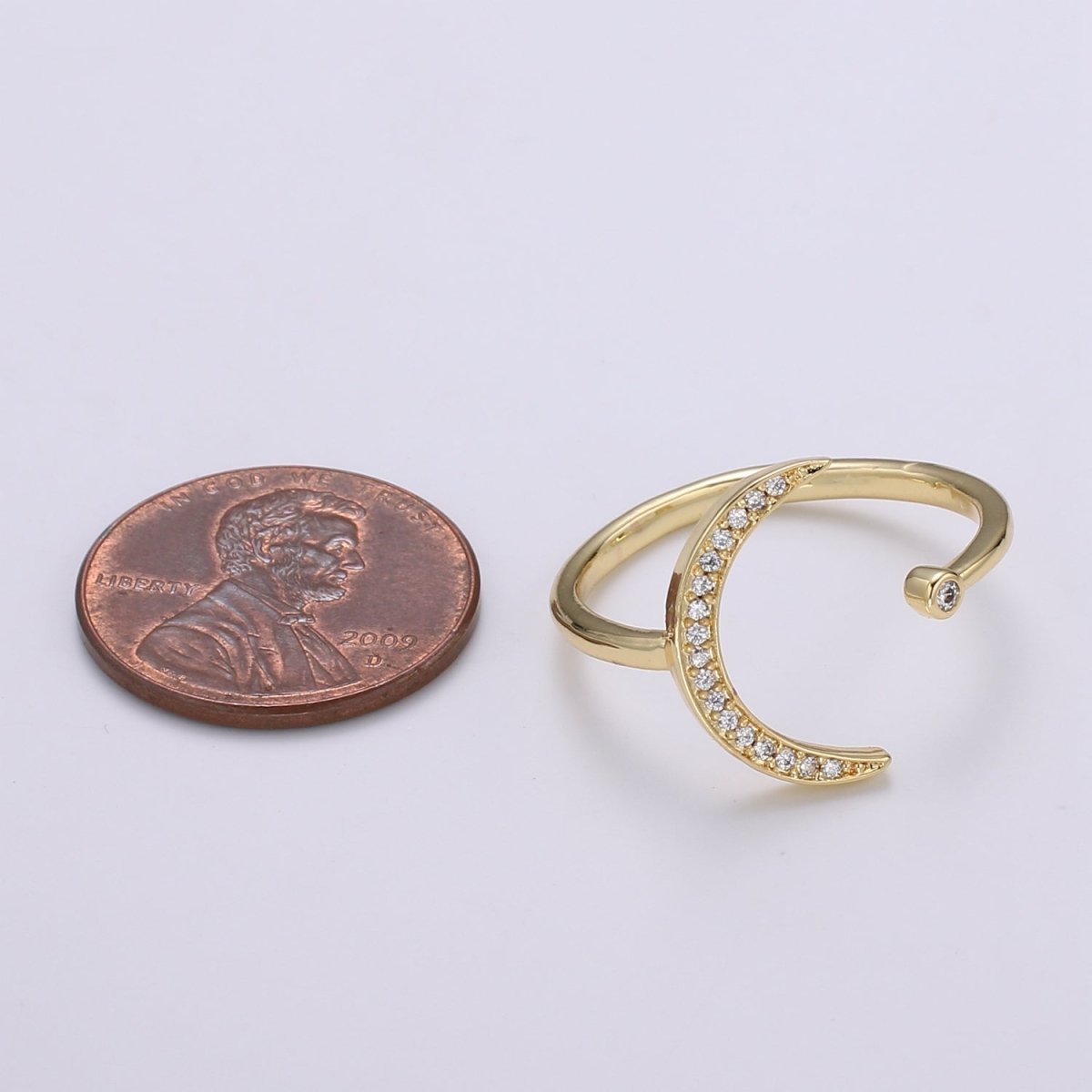 1pc Cresent Moon Star CZ Gold Ring, Moon Cubic Pave Adjustable Gold Curb Ring, Simple Ring, Clear Cubic Zirconia R315 - DLUXCA