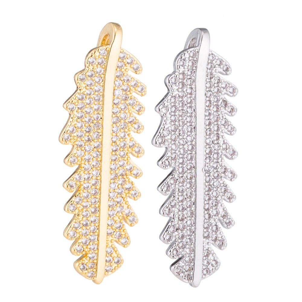 1pc Gold Bird's Feather, Cubic Zirconia Pendant Charm C-046