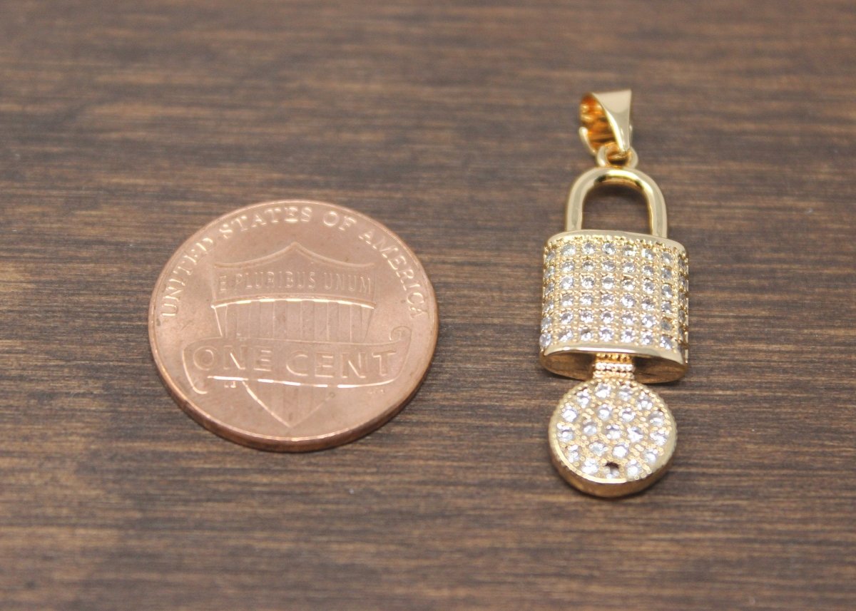 1pc Gold Key and Padlock, Lock, Love Lock, Key to Heart, DIY Cubic Zirconia Necklace Pendant Charm Bead Bails Findings for Jewelry Making, PDGF-956/I-20 - DLUXCA