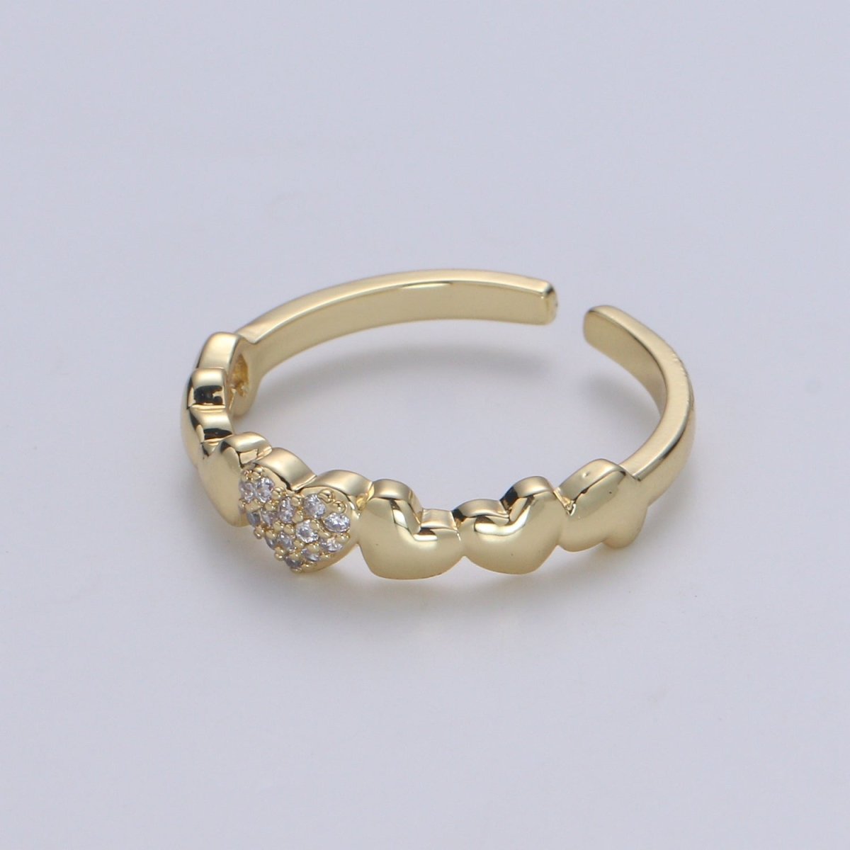 1pc Hearts 14K Gold Ring, Adjustable Gold Curb Ring, Simple CZ Love Ring, Tender Care Cubic Ring R514 - DLUXCA