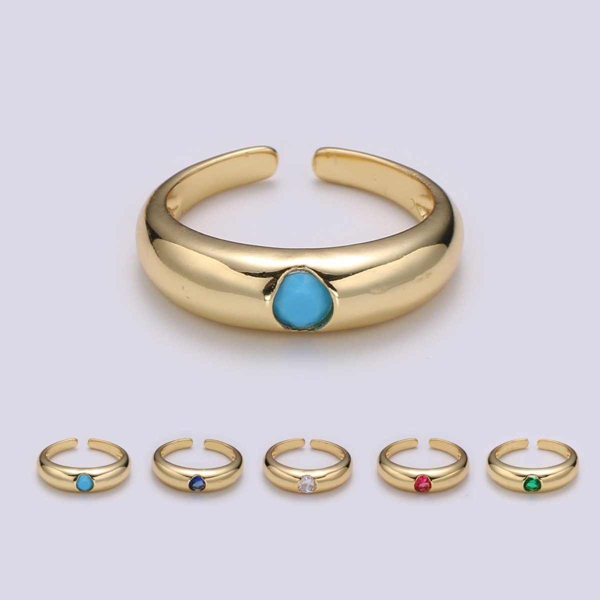 1pc Solitaire Blue, Clear, Red, Green & Teal CZ 24K Gold Ring, Cubic Adjustable Gold Band Ring, Simple Ring, Cubic Zirconia R450