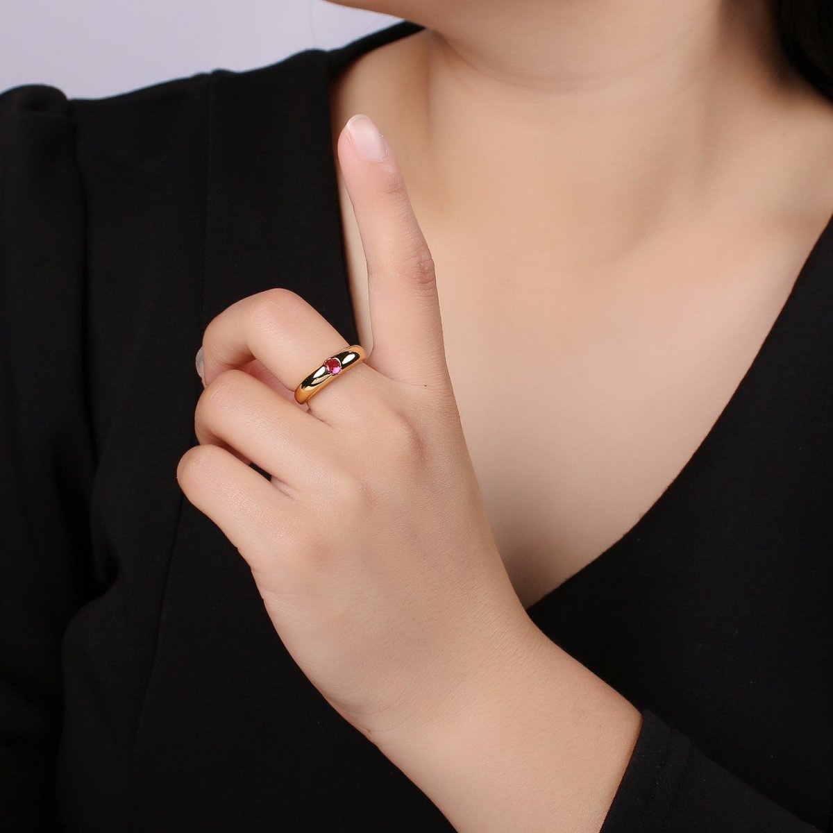 1pc Solitaire Blue, Clear, Red, Green & Teal CZ 24K Gold Ring, Cubic Adjustable Gold Band Ring, Simple Ring, Cubic Zirconia R450