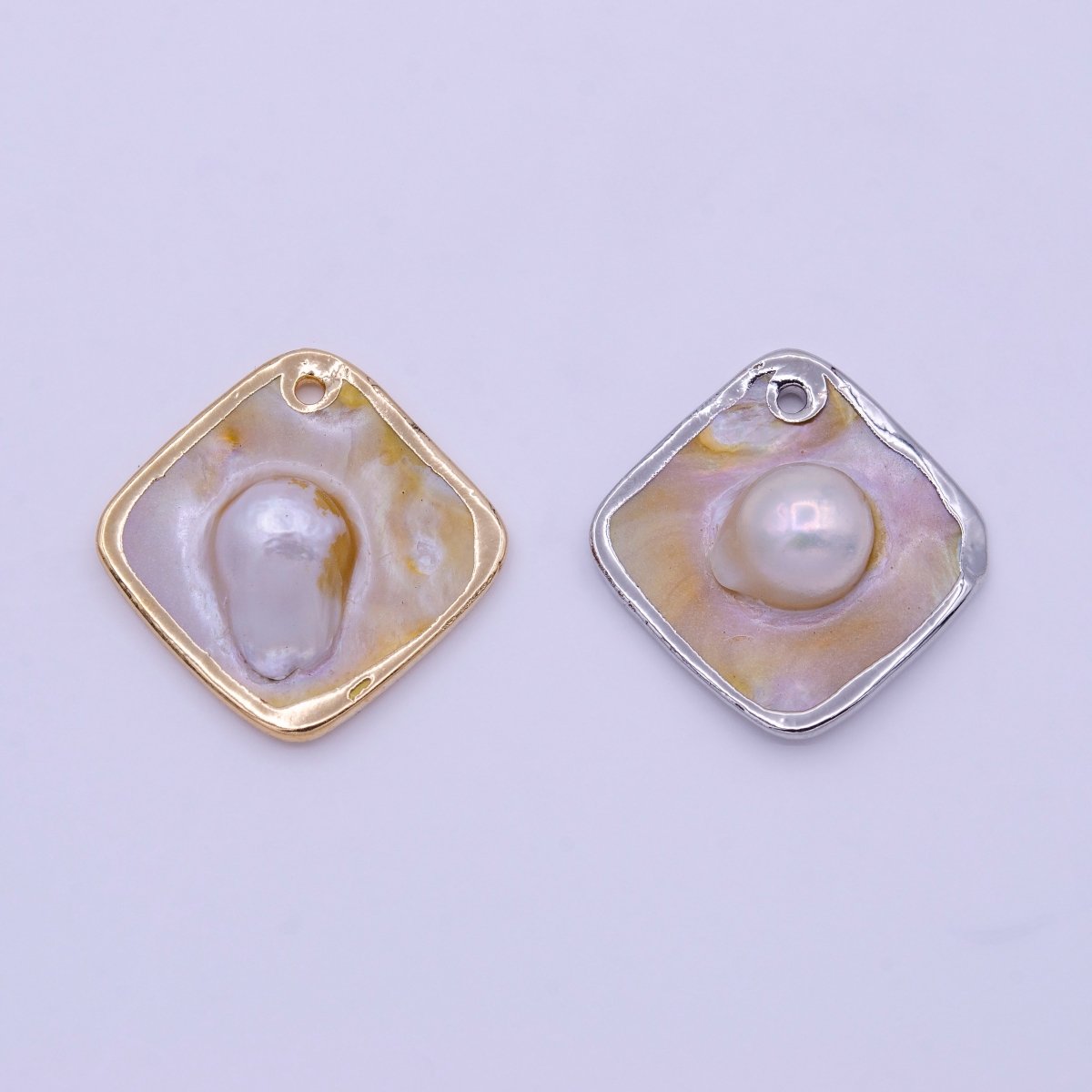 1pc Wholesale Natural Mother of Pearl Charm Abstract Rhombus Shape Aprox 23.7mm, Gold / Silver Frame Charm P-1841 P-1842