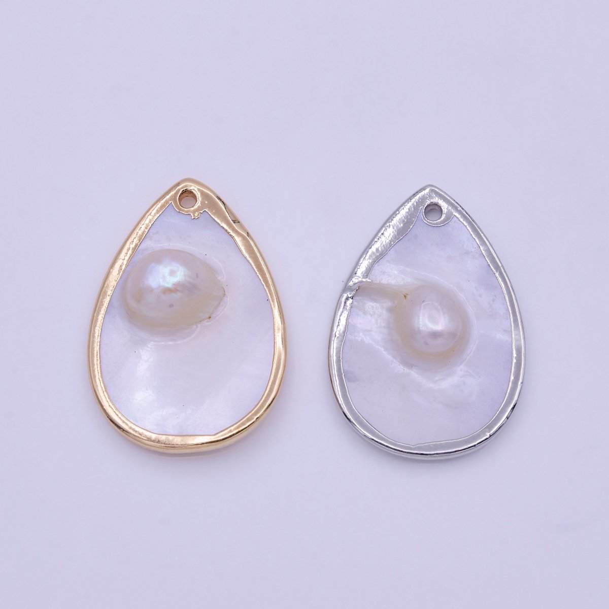 1pc Wholesale Natural Mother of Pearl Charm Abstract Tear Drop Pear Shape Aprox 20x29mm, Gold / Silver Frame Charm P-1839 P-1840