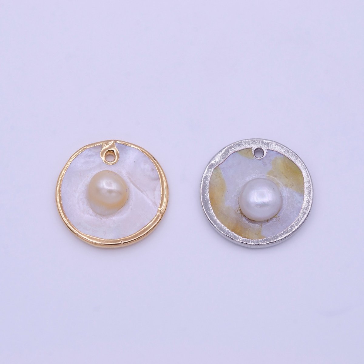 1pc Wholesale Natural Mother of Pearl Charm, Random Round Shape Approx 19.5mm, Gold / Silver Frame Charm P-1837 P-1838