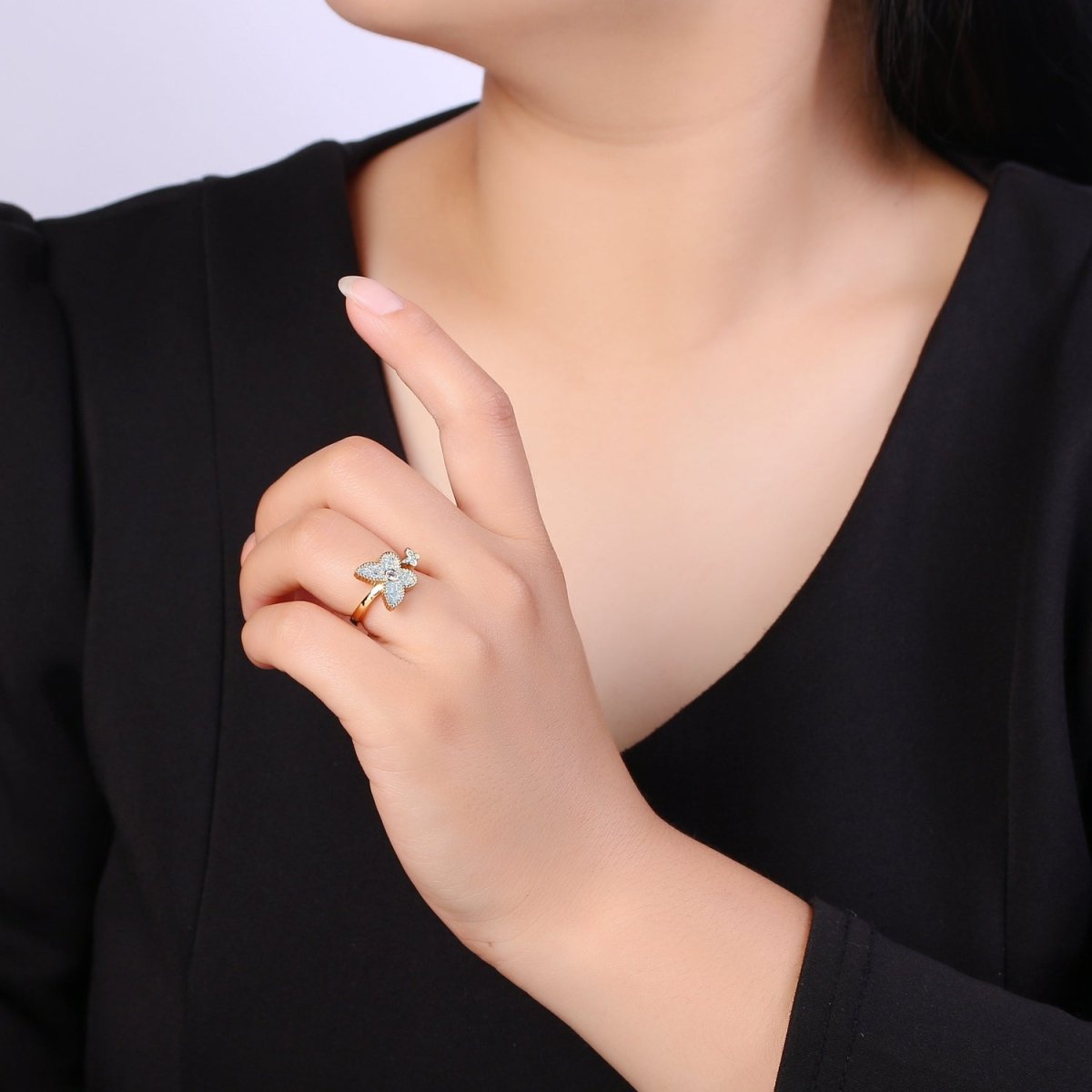 1x Dainty Butterfly Ring, Adjustable Gold Ring, Cz Mariposa Ring, Animal Lover Ring for Minimalist jewelry Everyday Wear O-273 ~ O-276