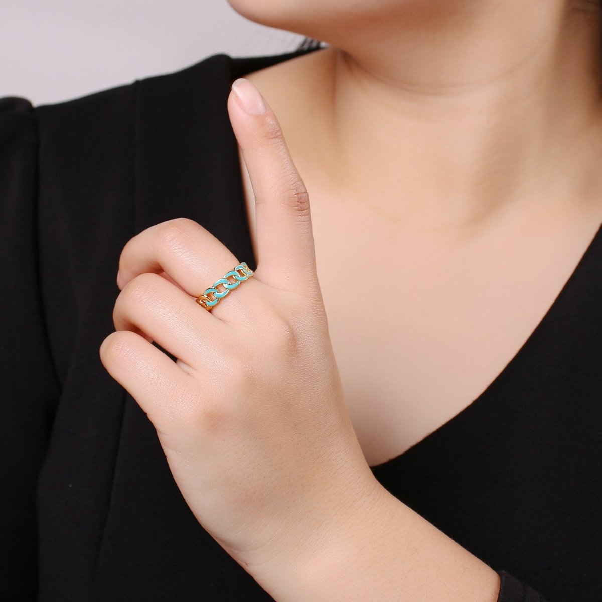 1x Enamel Gold Curb Chain Ring, Statement Ring, Chunky Link Chain Ring, Stackable Ring Thick Gold Ring Open Gold Ring gift for her