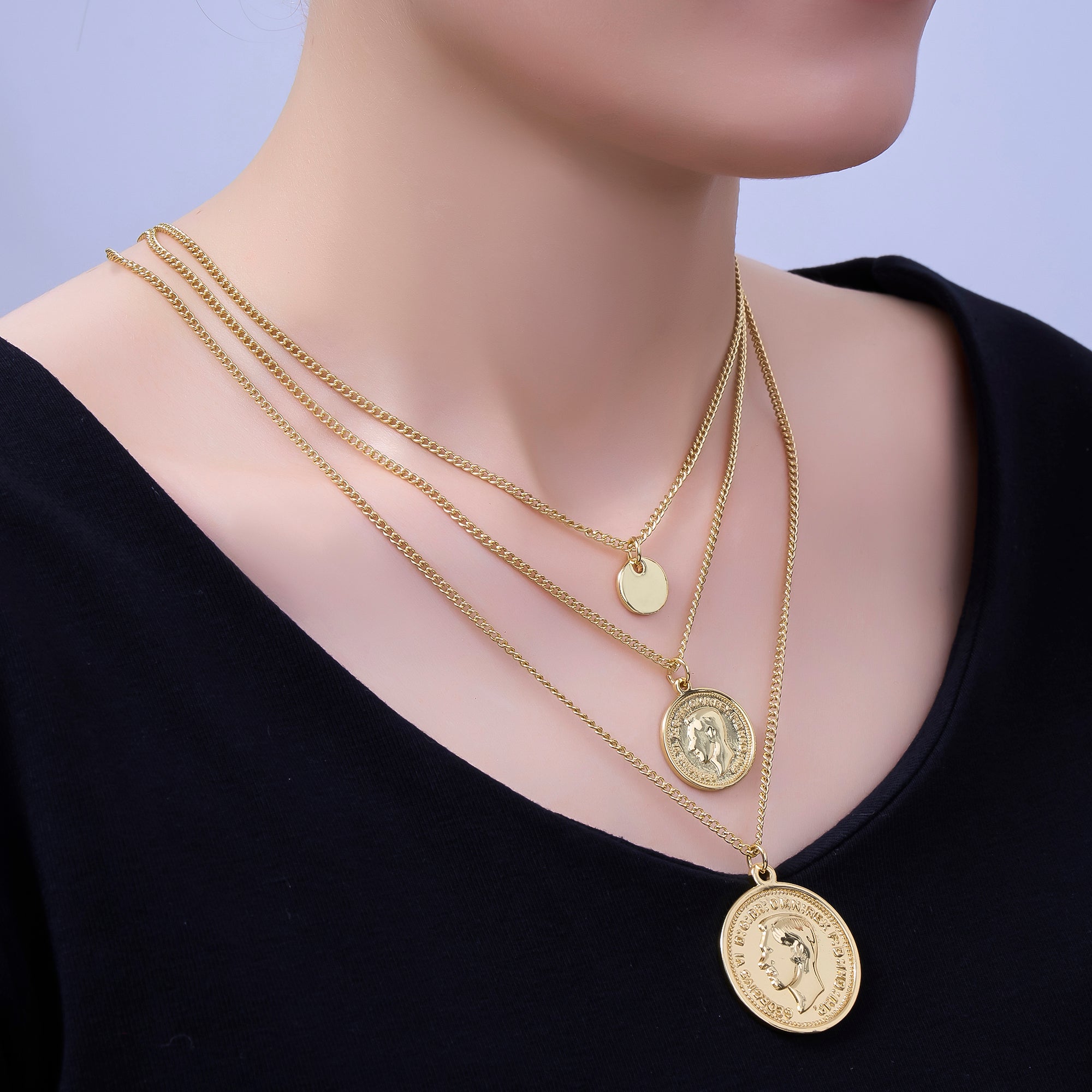 24K Gold Filled Face Coin Triple Layer Curb Chain Necklace | WA-3051