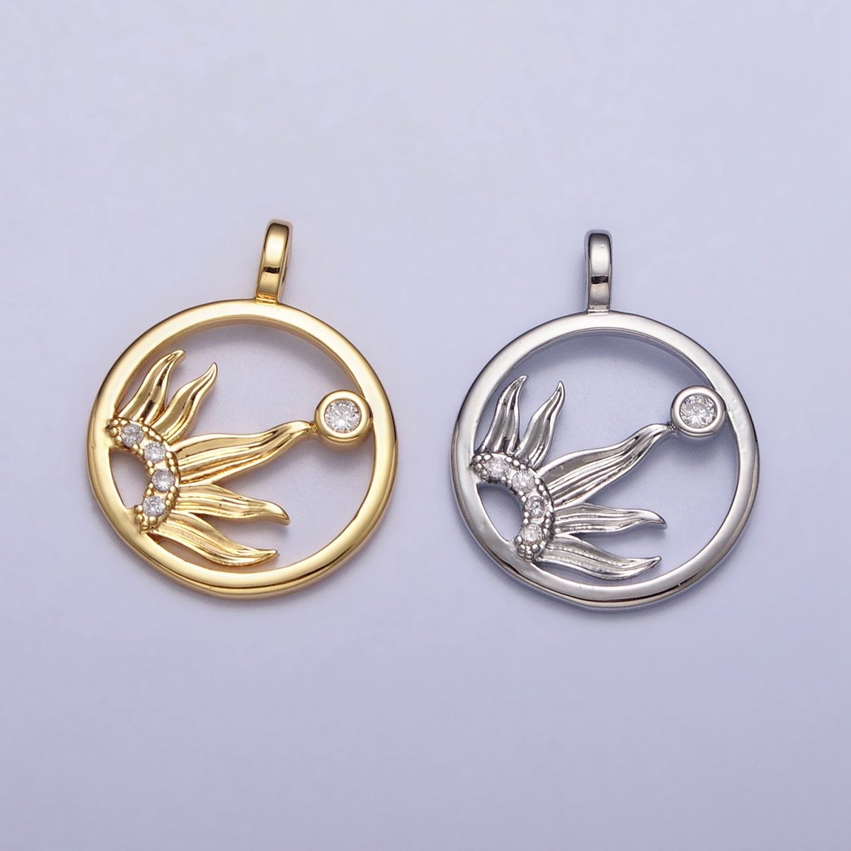 20mm Clear Micro Paved CZ Celestial Sun Open Round Charm in Gold & Silver | AC117